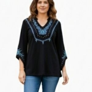 Pink Cattlelac Black Embroidered Tunic Top Size S Turquoise Detail Bell Sleeve